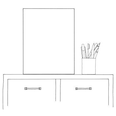 Kroki iç. Masa, Komidin, çeşitli Enteriyör eşyaları ile raf. Sahte kullanılabilir. Grafik çerçevesi.