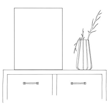 Kroki iç. Masa, Komidin, çeşitli Enteriyör eşyaları ile raf. Sahte kullanılabilir. Grafik çerçevesi.