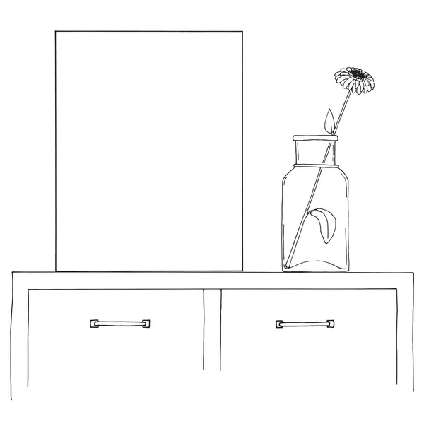 Croquis Intérieur Table Table Chevet Étagère Avec Divers Articles Intérieur — Image vectorielle