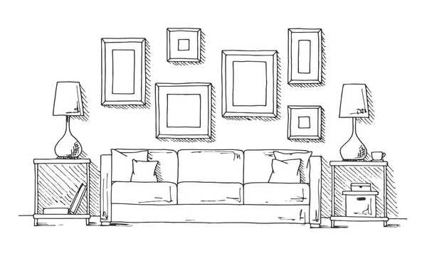 Croquis Linéaire Intérieur Illustration Vectorielle Dessinée Main Style Croquis — Image vectorielle