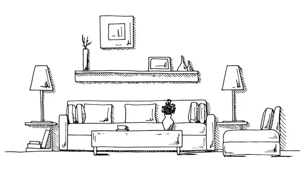 Croquis Linéaire Intérieur Illustration Vectorielle Dessinée Main Style Croquis — Image vectorielle