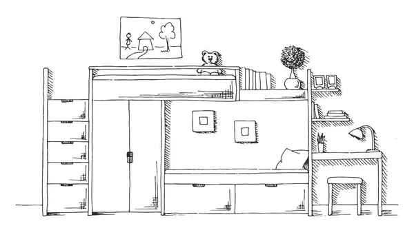 子供部屋 子供用家具 二段ベッド テーブルと椅子 スケッチ スタイルの描画ベクトル イラストを手します — ストックベクタ