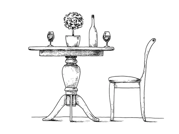餐厅里的一部分 一轮桌子和椅子 上表的花瓶里的花 手的素描画 矢量图 — 图库矢量图片
