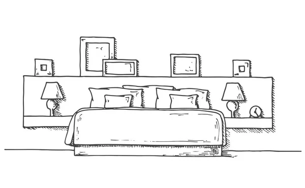 Hand Drawn Sketch Linear Sketch Interior Sketch Line Bedrooms Vector — Stock Vector