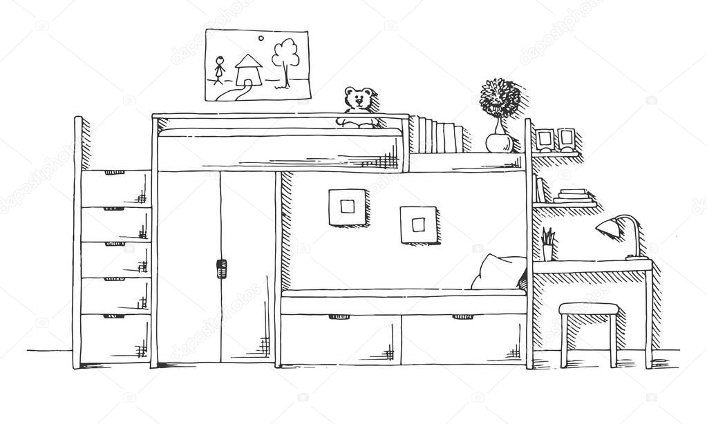 Children's room. Children's furniture. Bunk bed, table and chair. Hand drawn vector illustration of a sketch style.