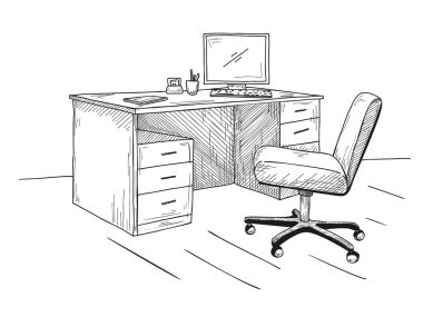 İşyerleri açık havada. Masa, sandalye ve windows. Vektör çizim bir kroki tarzı.