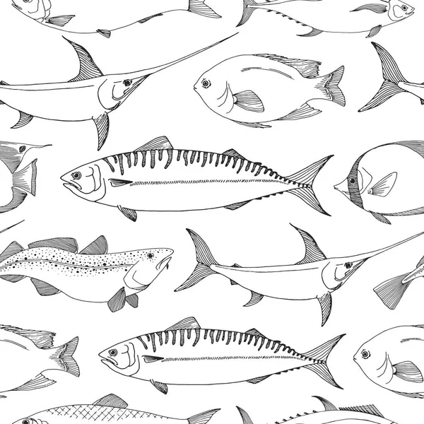 Seamless Pattern Different Fishes Sketch Vector Illustration — Stock Vector