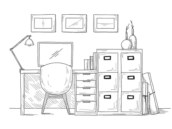 Lieu Travail Avec Ordinateur Croquis Intérieur Illustration Vectorielle — Image vectorielle