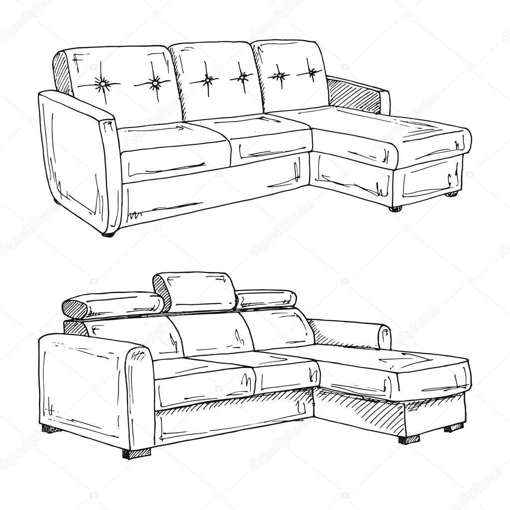 Set of sofas isolated on white background.Vector illustration in a sketch style.