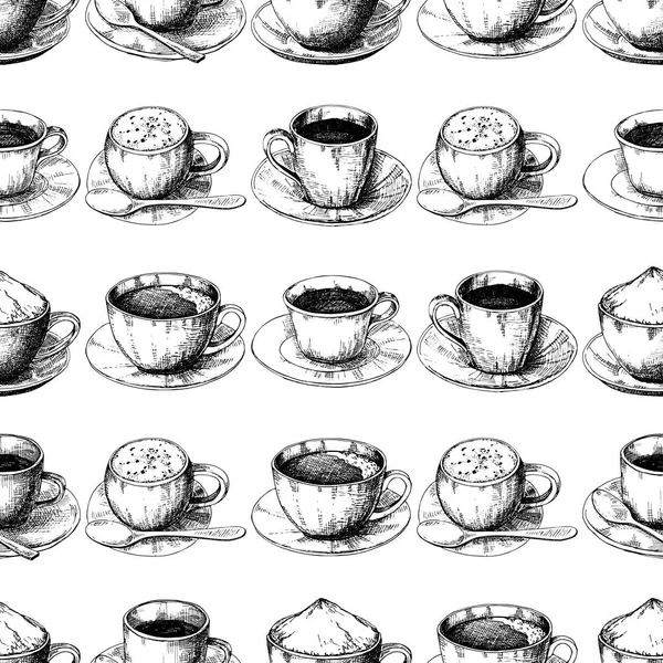 Skiss Olika Mugg Kaffe Ett Tefat Seamless Mönster Illustration Skiss — Stockfoto