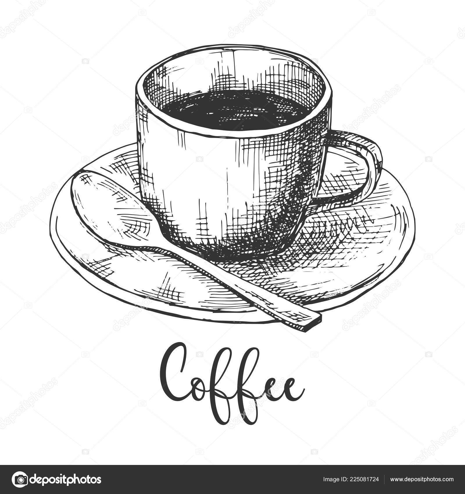 Sketch Coffee Mugs Saucer Spoon Inscription Coffee Vector Illustration Sketch Stock Vector C Nadiia Kud Gmail Com 225081724