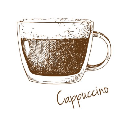 Bir fincan kahve köpüğü ile kroki. Yazıt kapuçino. Bir kroki stil vektör çizim.