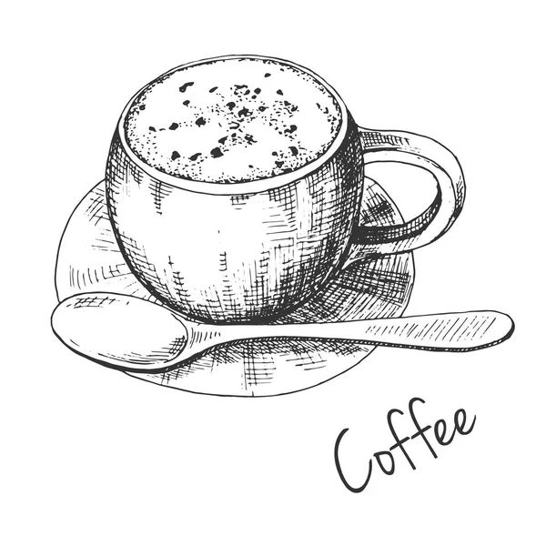 Esboço Canecas Café Pires Com Uma Colher Inscrição Café Ilustração — Vetor de Stock