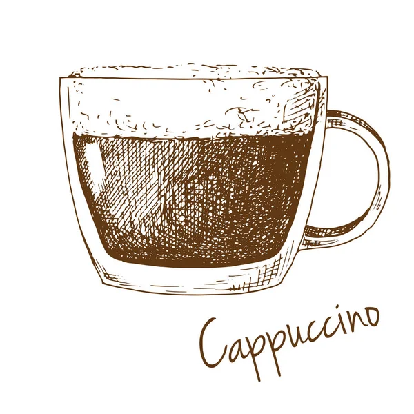 Ескіз Чашки Кави Піною Напис Капучино Векторна Ілюстрація Стилю Ескізу — стоковий вектор