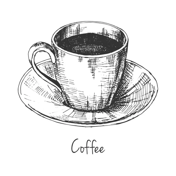 Boceto Taza Café Platillo Inscripción Café Ilustración Vectorial Estilo Boceto — Archivo Imágenes Vectoriales