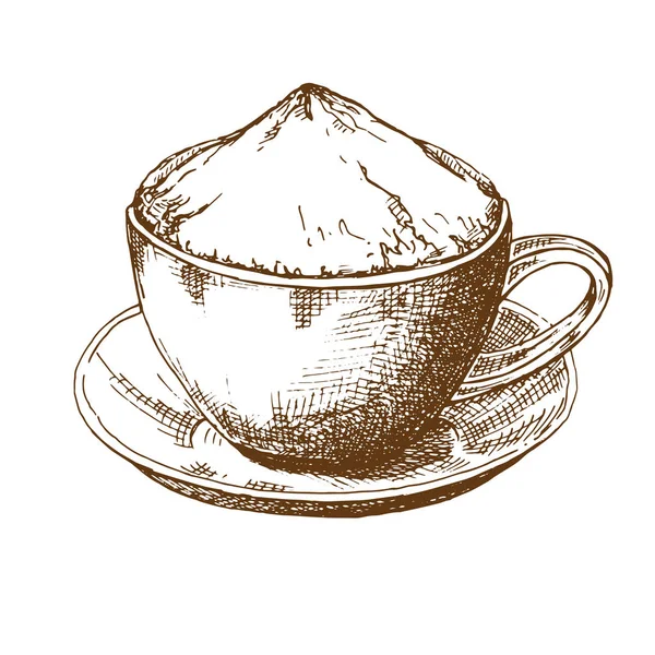Bir Fincan Kahve Bir Fincan Tabağı Üzerinde Taslağını Bir Kroki — Stok Vektör