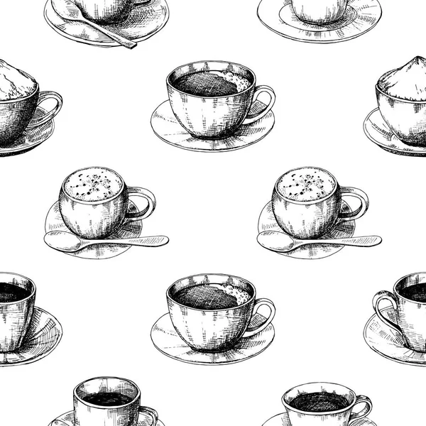Skizzieren Sie Verschiedene Kaffeebecher Auf Einer Untertasse Nahtloses Muster Vektor — Stockvektor