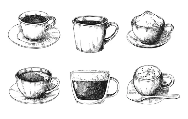 Skizzieren Sie Verschiedene Kaffeebecher Auf Einer Untertasse Vektor Illustration Eines — Stockvektor