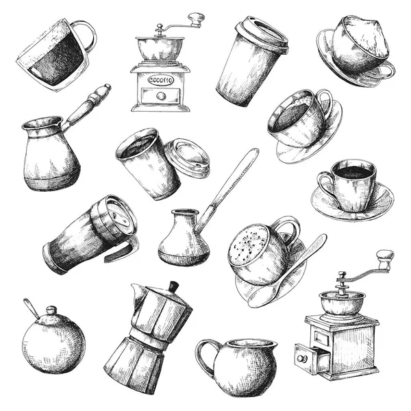 Large Coffee Set Sketch Different Cups Coffee Coffee Pots Other — Stock Vector