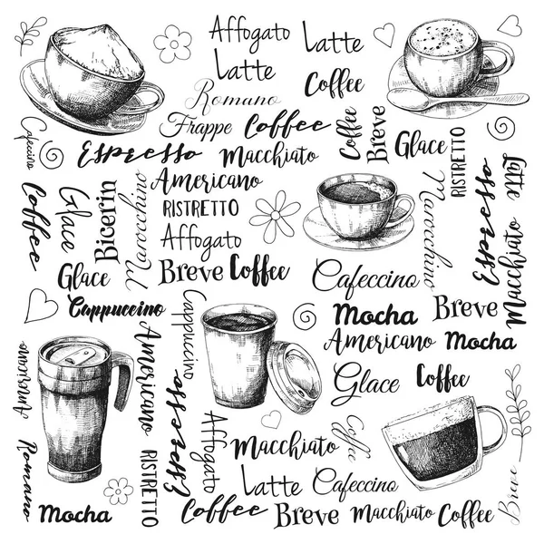 コーヒーの種類の名前 別のコーヒー カクテル スケッチ スタイルのベクトル イラスト — ストックベクタ