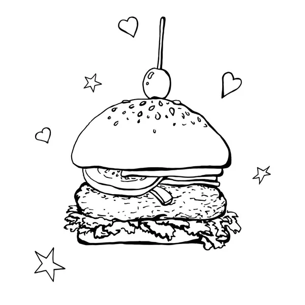 Beyaz Arka Plan Üzerinde Izole Bir Hamburger Taslağını Vektör Çizim — Stok Vektör
