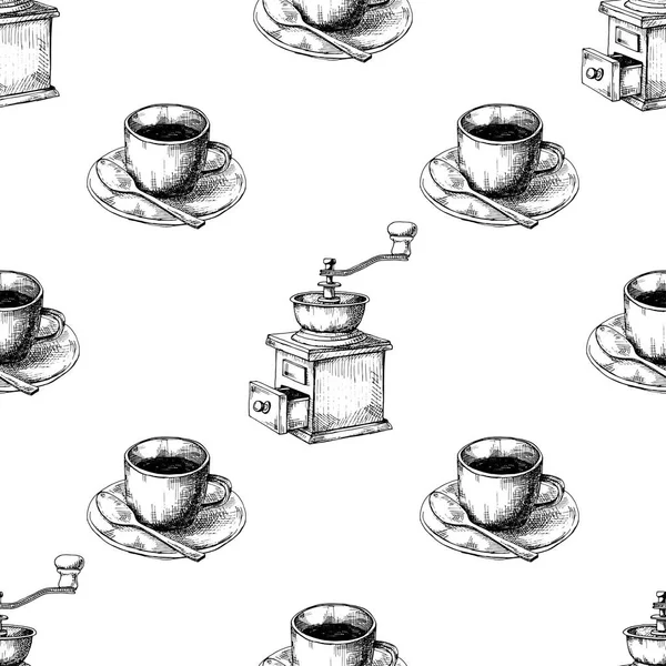 Ρετρό Χειροκίνητη Καφεκοπτείο Μύλο Και Κούπα Του Καφέ Ένα Πιατάκι — Διανυσματικό Αρχείο