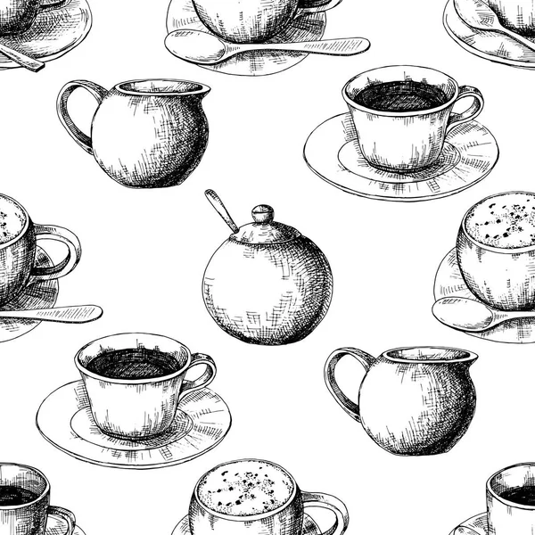 Бесшовный Шаблон Скетч Различные Чашки Кофе Кофейники Другие Элементы — стоковый вектор