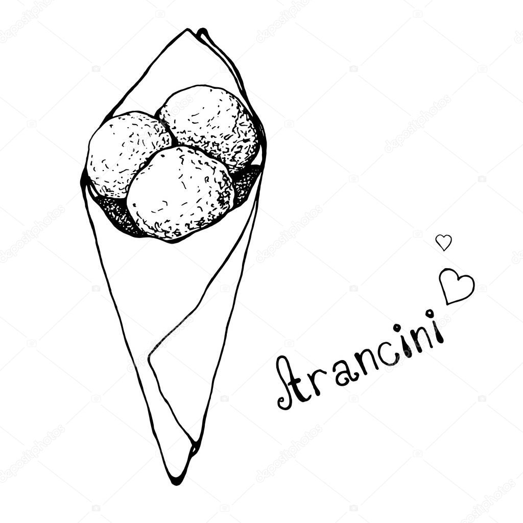 Sketch aranchini in a paper bag. Italian Cuisine. Vector illustration.