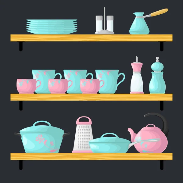 Trois Étagères Avec Vaisselle Ensemble Ustensiles Cuisine Style Dessin Animé — Image vectorielle