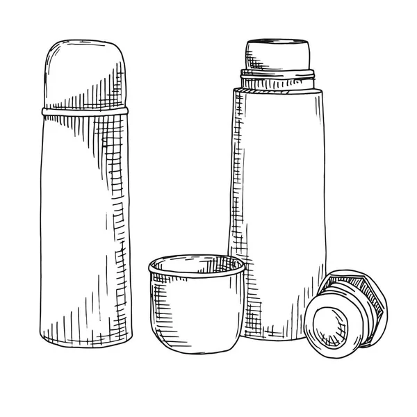 Schets Van Een Thermoskan Vectorillustratie Geïsoleerd Witte Achtergrond — Stockvector