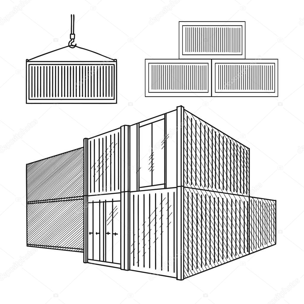 Sketch different containers. Hand drawn. Vector set.