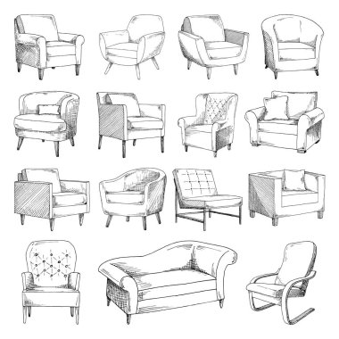 Farklı yumuşak koltuklar kümesi. Sketch vektör çizim.