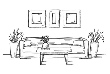 Bir iç mekanın doğrusal çizimi. Bir çizim biçiminin el çizimi vektör çizimi.