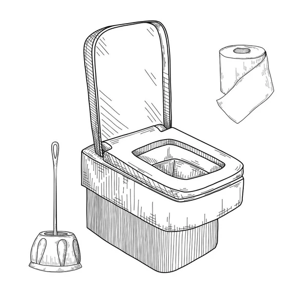 Skizze Von Toilettenschüssel Und Anderen Toilettenartikeln Isoliert Auf Weißem Hintergrund — Stockvektor