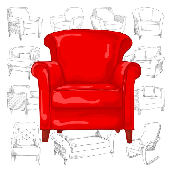Set Different Soft Armchairs Sketch Vector Illustration — Stock Vector