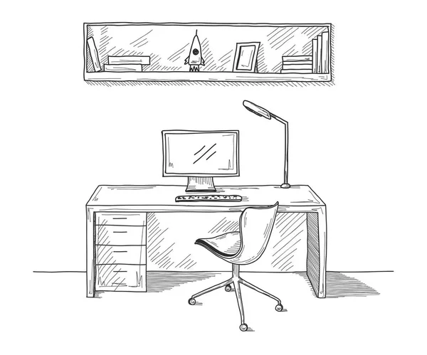 Nákres Místnosti Kancelářská Židle Stůl Různé Předměty Stole Náčrt Prostoru — Stockový vektor