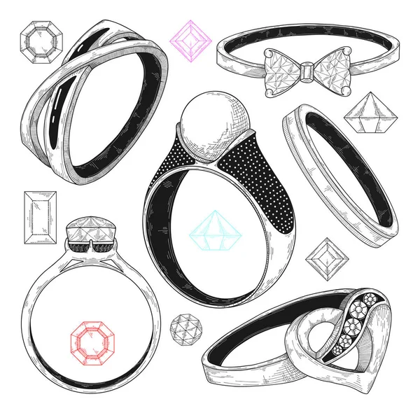 Dibujó Mano Conjunto Diferentes Anillos Joyería Ilustración Vectorial Estilo Boceto — Archivo Imágenes Vectoriales