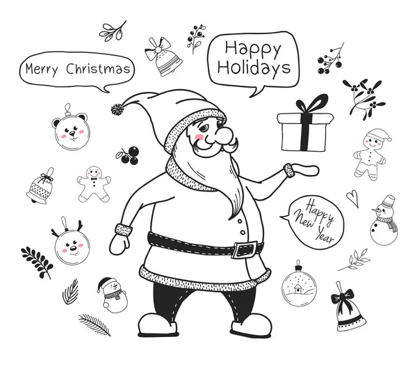 Santa Claus Het Bezit Van Een Geschenk Kerstset Vectorillustraties Schets — Stockvector