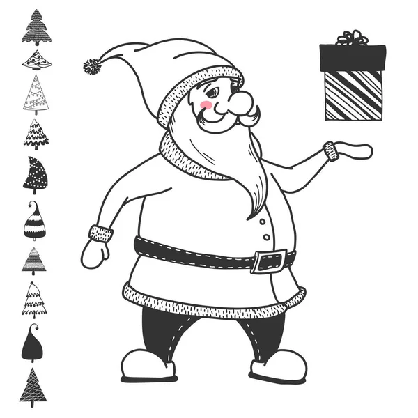 Santa Claus Het Bezit Van Een Geschenk Kerstset Vectorillustraties Schets — Stockvector