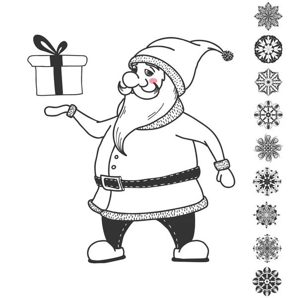 Santa Claus Het Bezit Van Een Geschenk Kerstset Vectorillustraties Schets — Stockvector