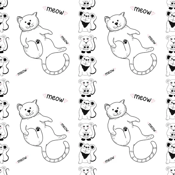 かわいい猫と面白いマウスのシームレスなパターン ベクトル — ストックベクタ