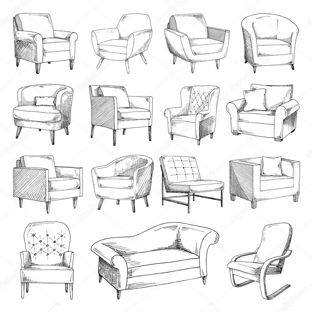Set of different soft armchairs. Sketch vector illustration.
