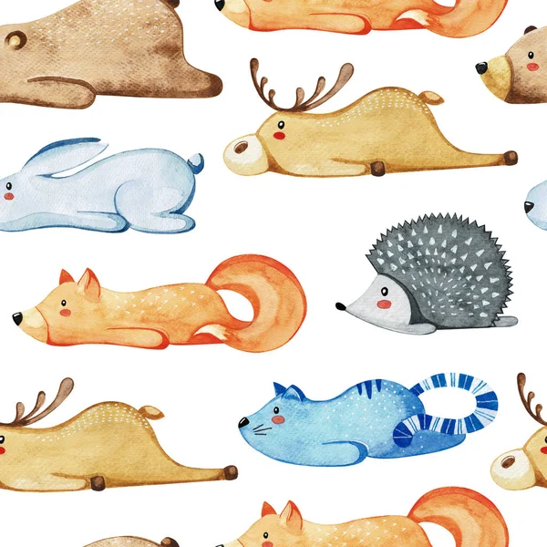 Seamless pattern with different cute animals. Lazy animals. Watercolor