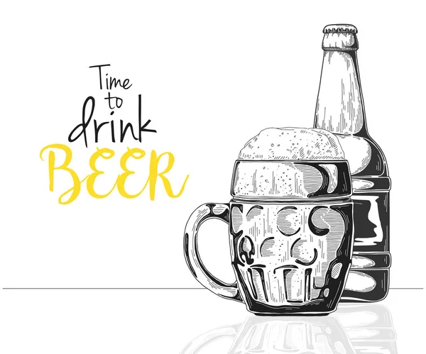 ビールのボトル ビールとグラス キャプション 時間ビールを飲みます スケッチ スタイルのベクトル イラスト — ストックベクタ