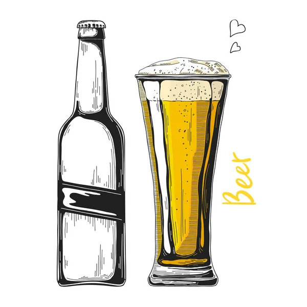 Μπουκάλι Μπύρας Ποτήρι Την Μπύρα Vector Εικονογράφηση Ενός Στυλ Σκίτσο — Διανυσματικό Αρχείο
