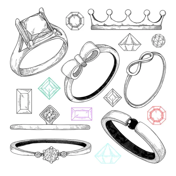 Hand Getekend Een Set Van Verschillende Sieraden Ringen Vector Illustratie — Stockvector