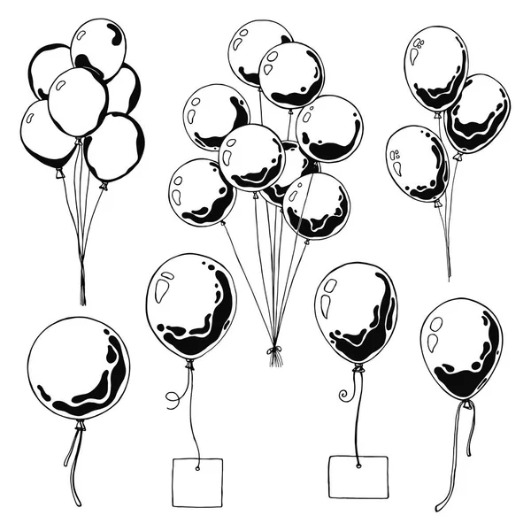 Group Balloons String Hand Drawn Isolated White Background Vector