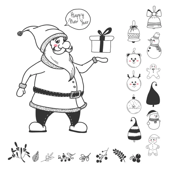 Papá Noel Tiene Regalo Set Navidad Ilustraciones Vectoriales Estilo Boceto — Vector de stock
