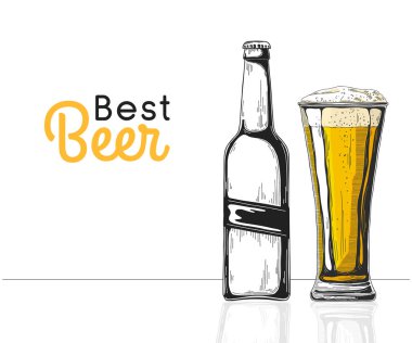 Şişe bira. Bardak bira. En iyi bira. Bir kroki stil vektör çizim.