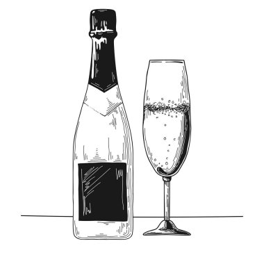 Bir şişe şampanya ve cam. Vektör çizim